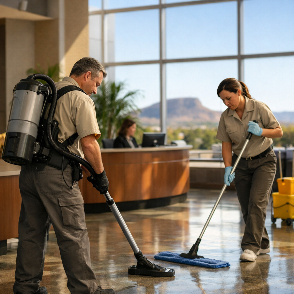 Janitorial crew cleaning a modern commercial lobby in Albuquerque with professional equipment and natural light.