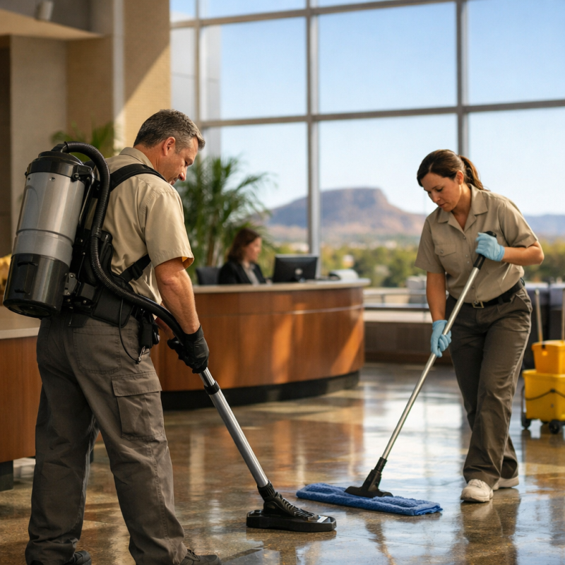 Commercial Property Maintenance Home 13 Janitorial crew cleaning a modern commercial lobby in Albuquerque with professional equipment and natural light.