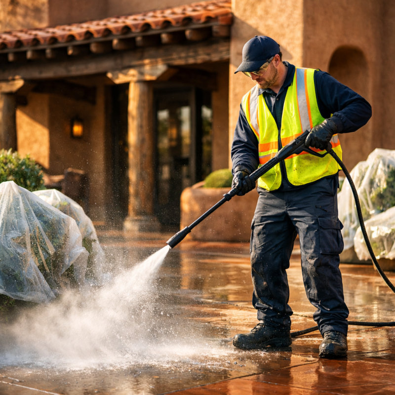 Uniformed technician pressure washing a commercial building entry plaza with Santa Fe–style adobe architecture, showing water spray and protective coverings on nearby plants.